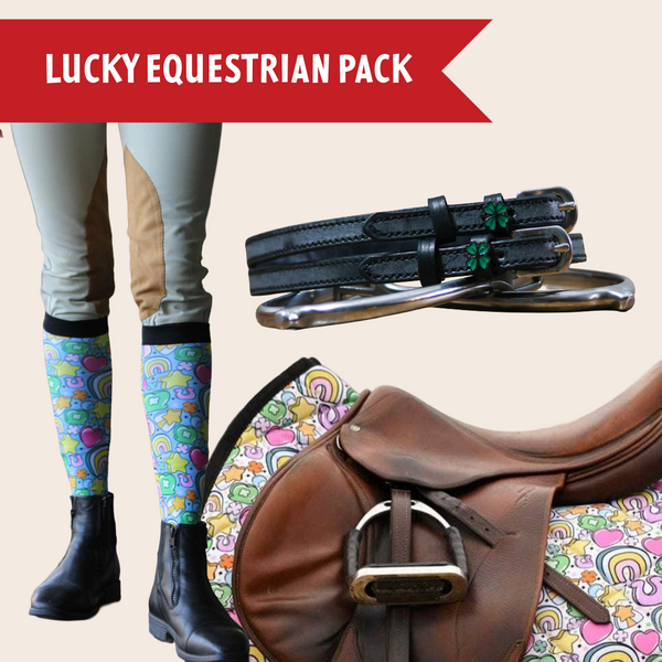 Lucky Equestrian Bundle with colorful Full O’ Luck Saddle Pad, four-leaf clover spur straps, and bright youth riding socks