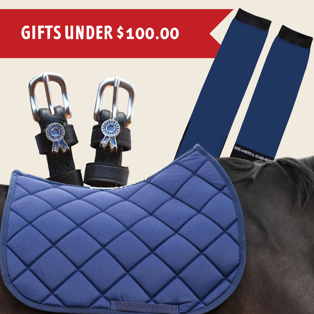 Blue Bundle equestrian set with navy saddle pad, blue ribbon spur straps, and blue boot socks