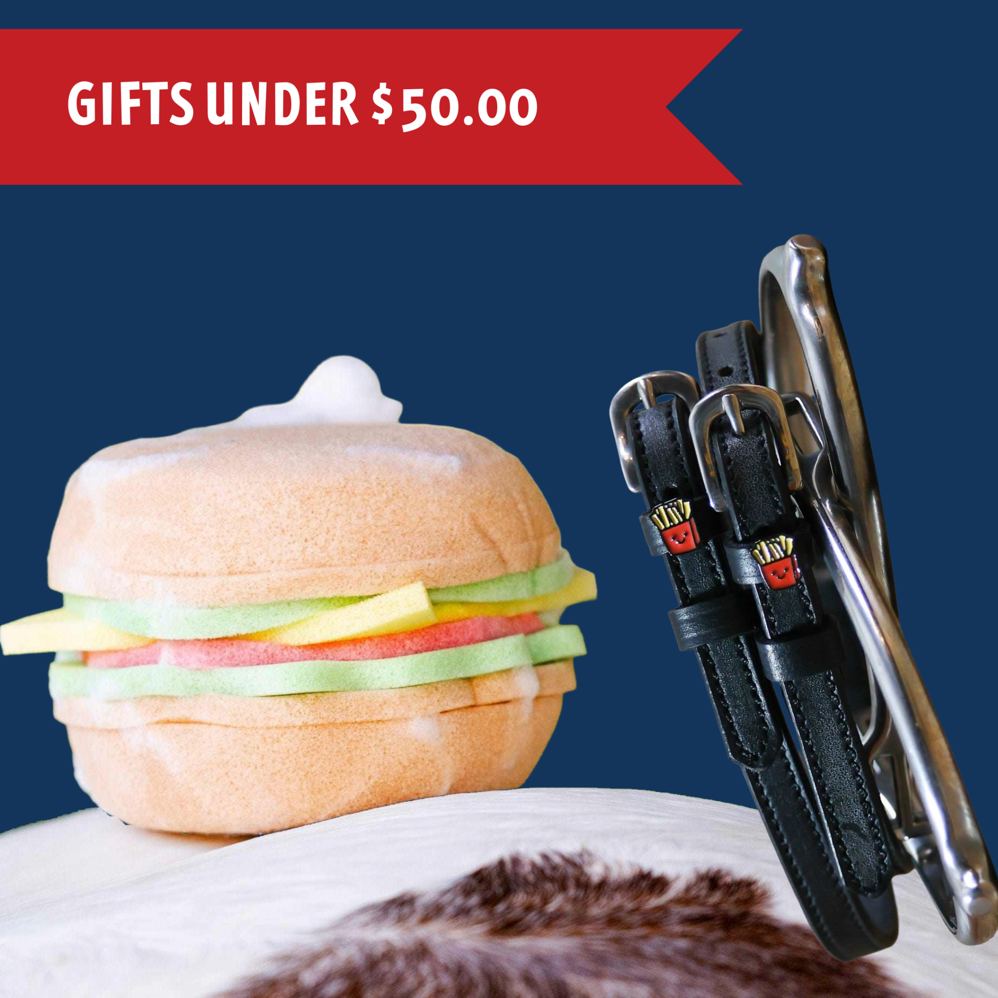 Burger bath sponge with fries leather spur straps equestrian gift bundle