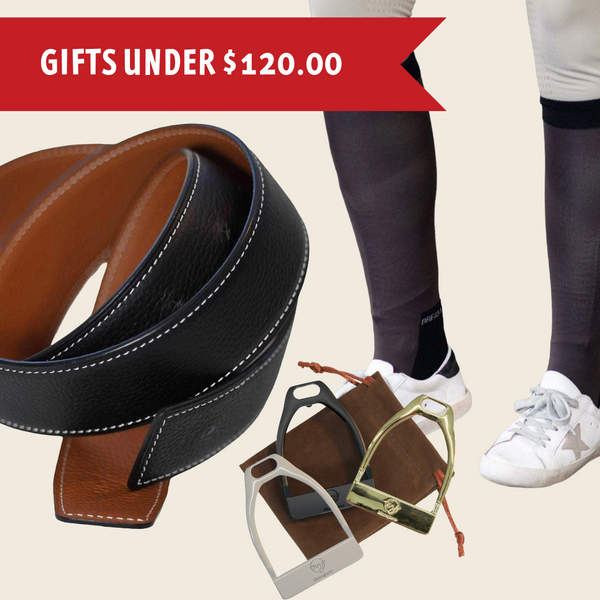 Equestrian Bundle with reversible chestnut and black belt, choice of stirrup buckles, and brown boot socks.
