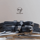 Black leather Canada Spur Straps with maple leaf charm and stainless steel buckles