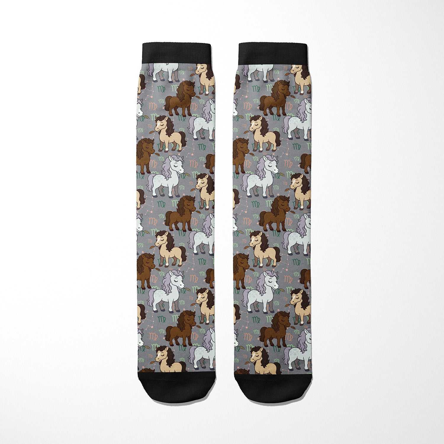 limited edition Virgo zodiac boot socks with horse pattern and black cuffs