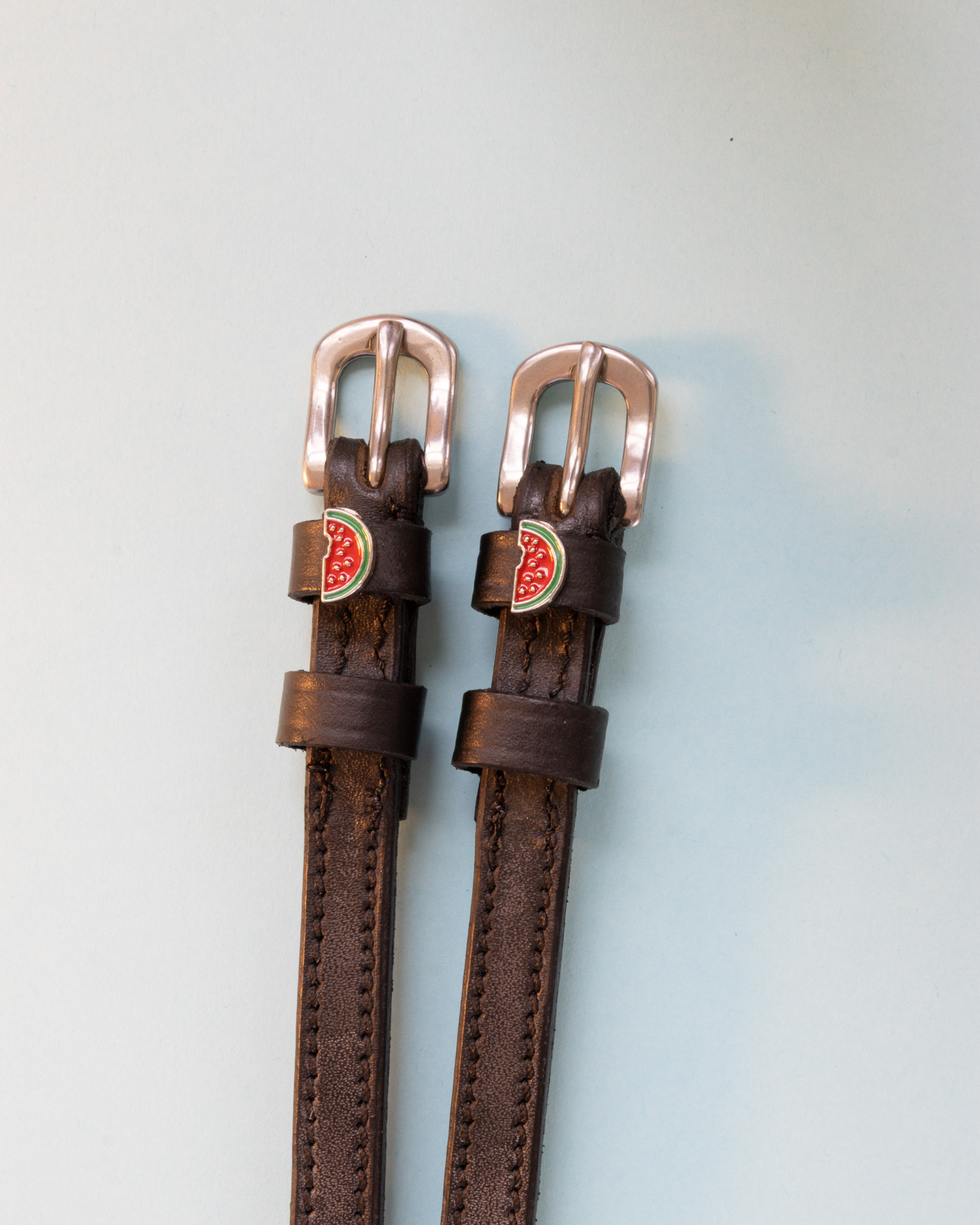Black leather watermelon spur straps with silver buckles on a bright blue background