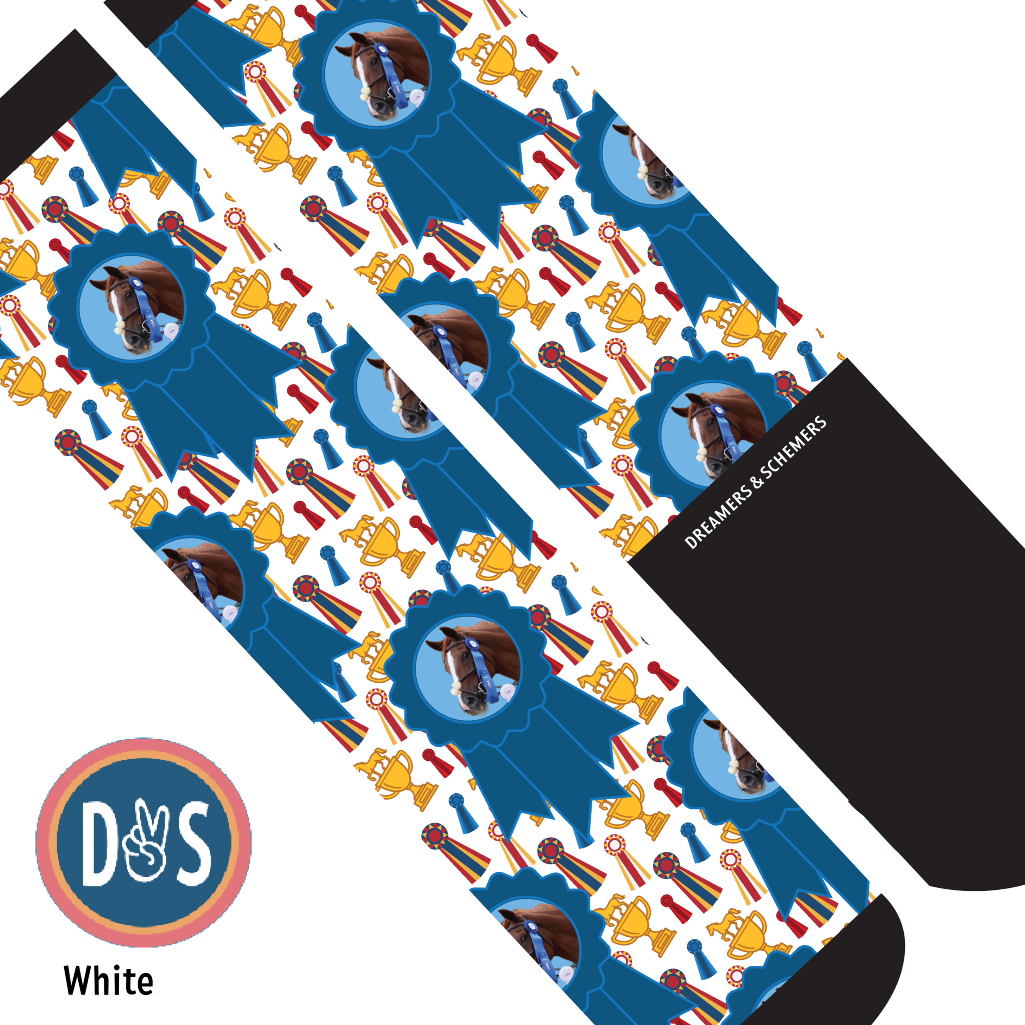 Custom blue ribbon winner boot socks with personalized photo and pattern design