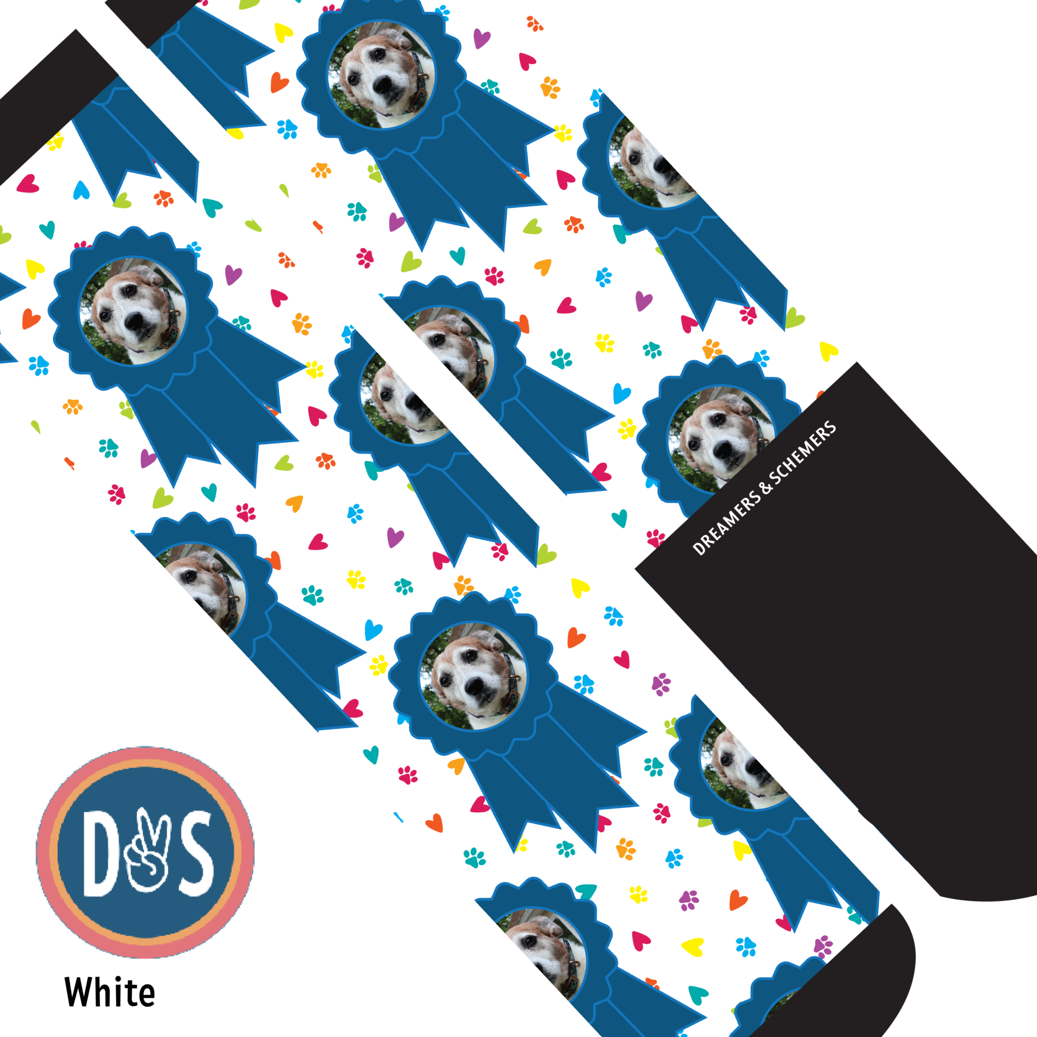 Custom blue ribbon boot socks featuring personalized photo design