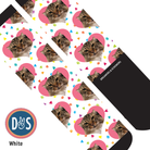 Custom boot socks with hearts and paw prints featuring personalized photo design