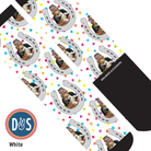 Custom socks with horseshoes and paw-print designs showcasing personalized photo prints on Dreamers & Schemers Boot Socks