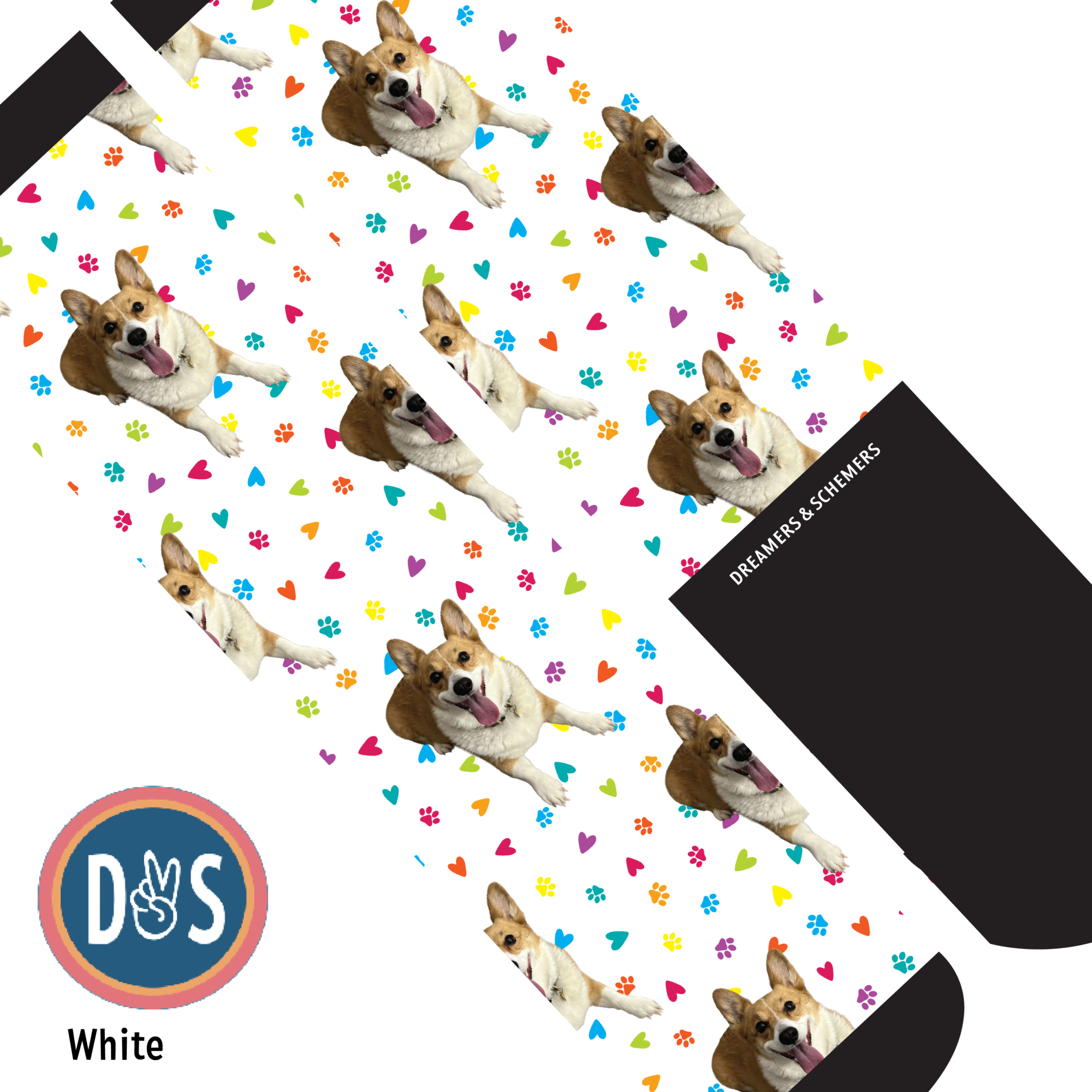 Custom boot socks with personalized dog photo and colorful paw prints on white background