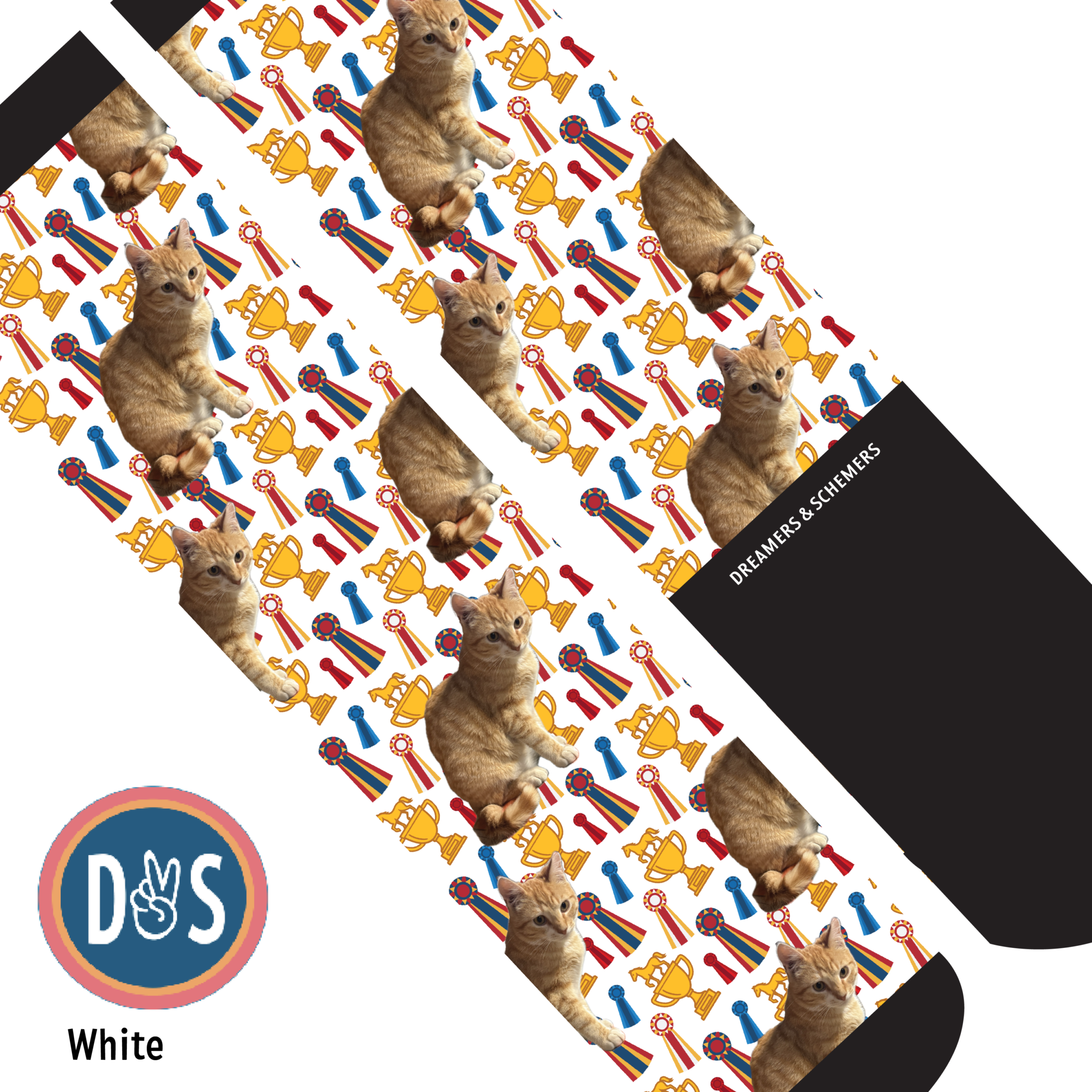 custom boot socks with personalized cat and trophy pattern white background