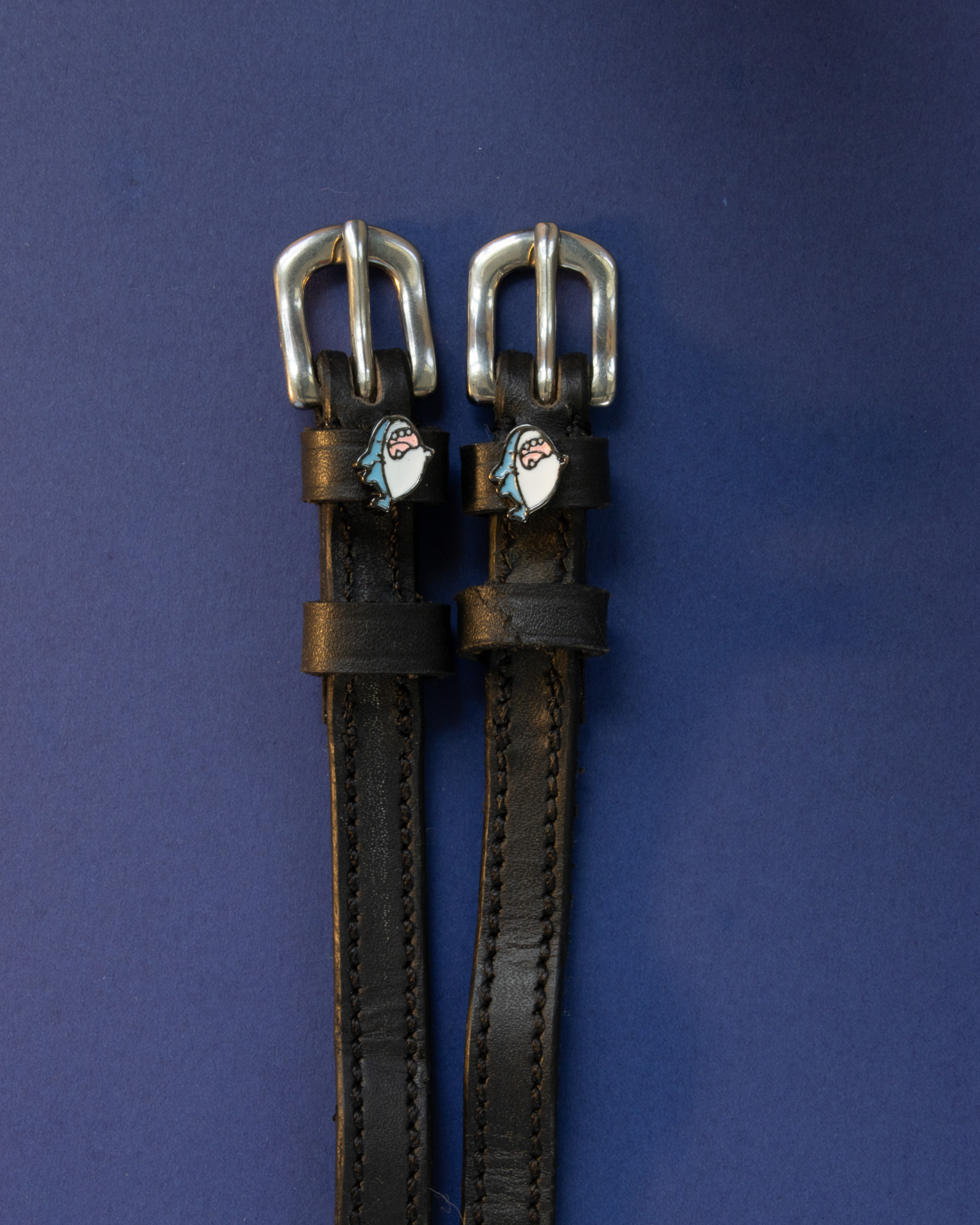 Wild Shark spur straps in black leather with silver buckles laid flat on a navy background
