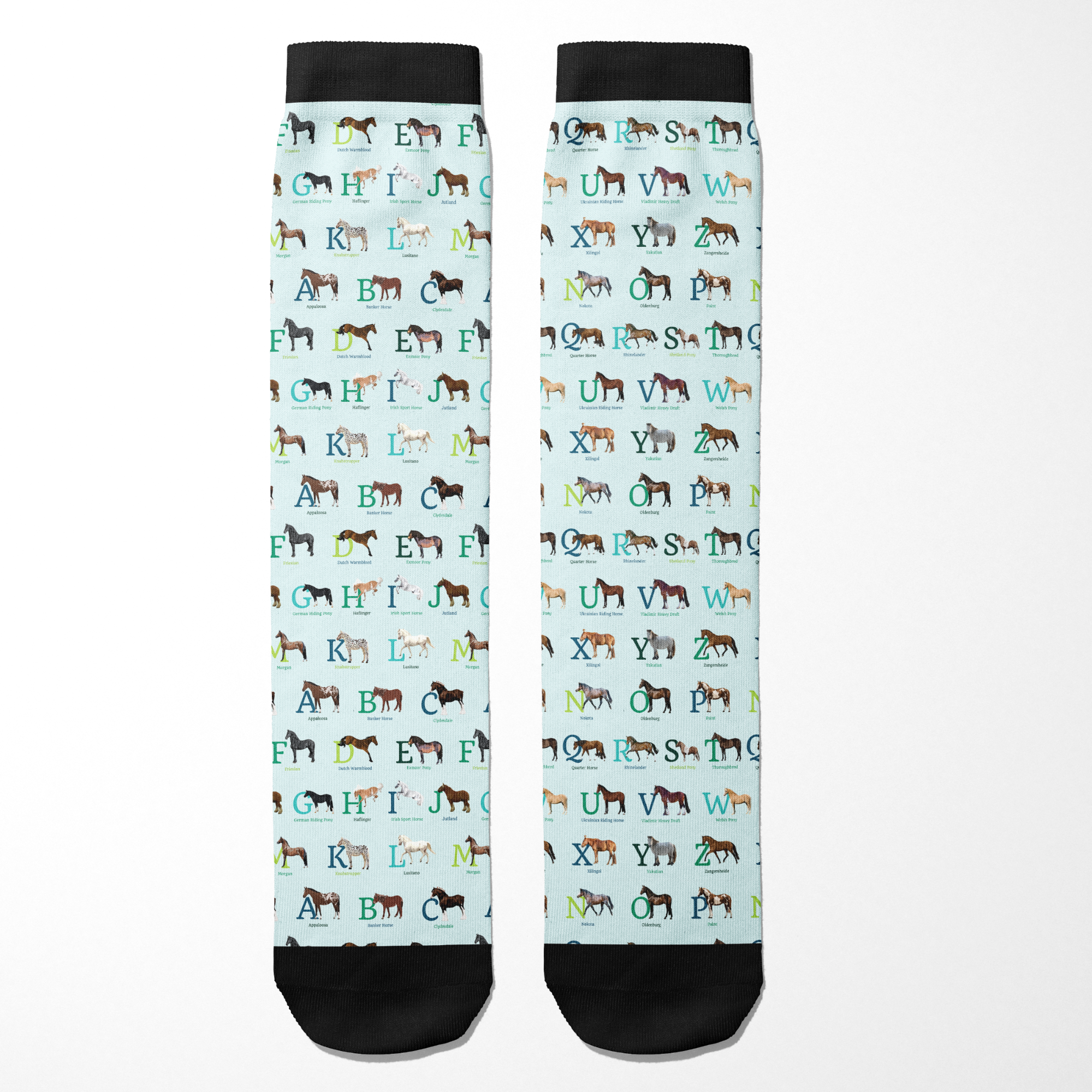 Limited Edition Pony Island Alphabet Horses socks with colorful pony designs on light blue background, black toes and cuffs, educational and fun boot socks for kids and adults.