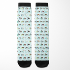Limited Edition Pony Island Alphabet Horses socks with colorful pony designs on light blue background, black toes and cuffs, educational and fun boot socks for kids and adults.