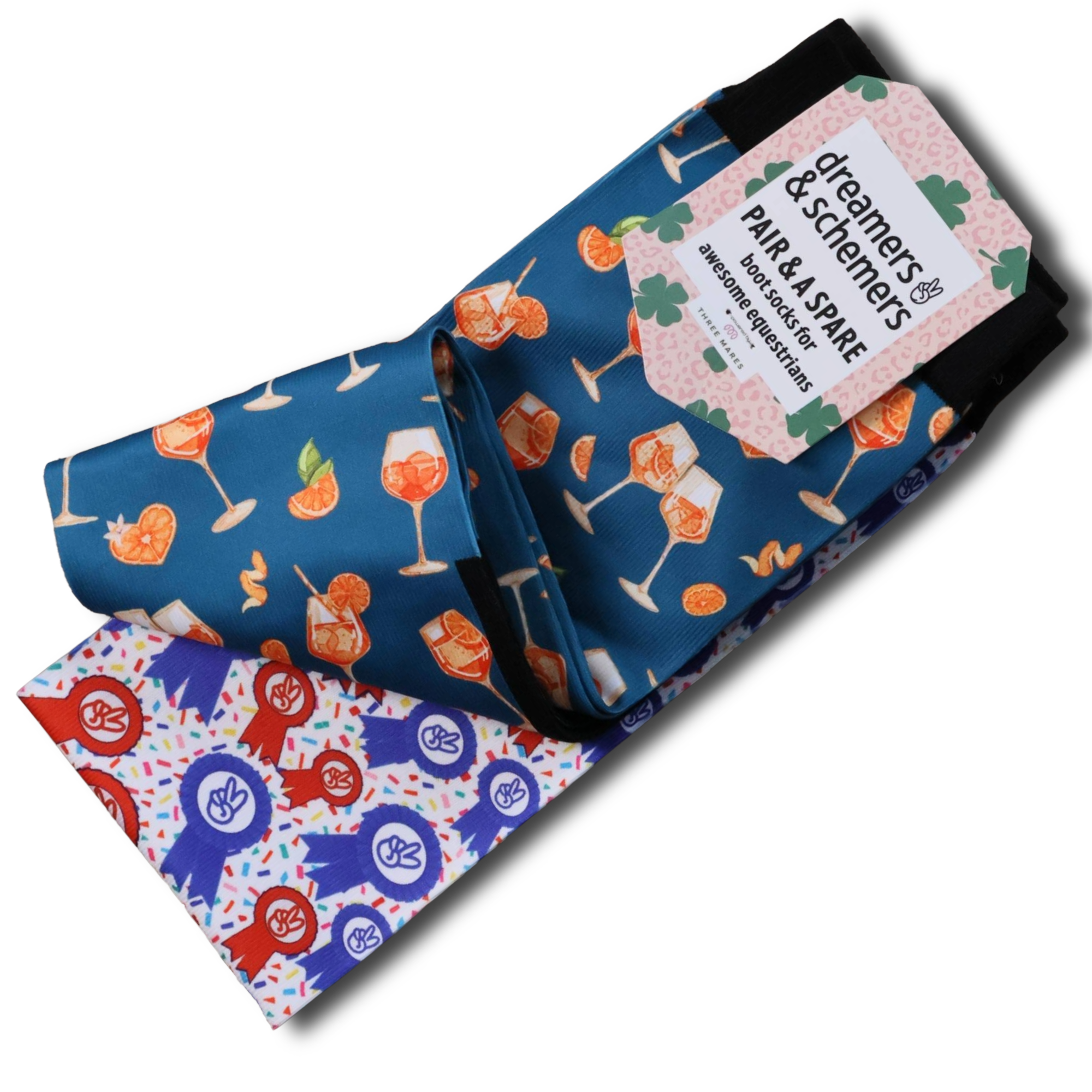 Aperol Spritz Pair & a Spare equestrian boot socks featuring aperol spritz cocktail print, alternate angle, by Dreamers & Schemers
