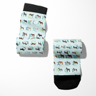 Limited Edition Pony Island Alphabet Horses socks with colorful pony alphabet design, youth and adult sizes, white background, black cuffs