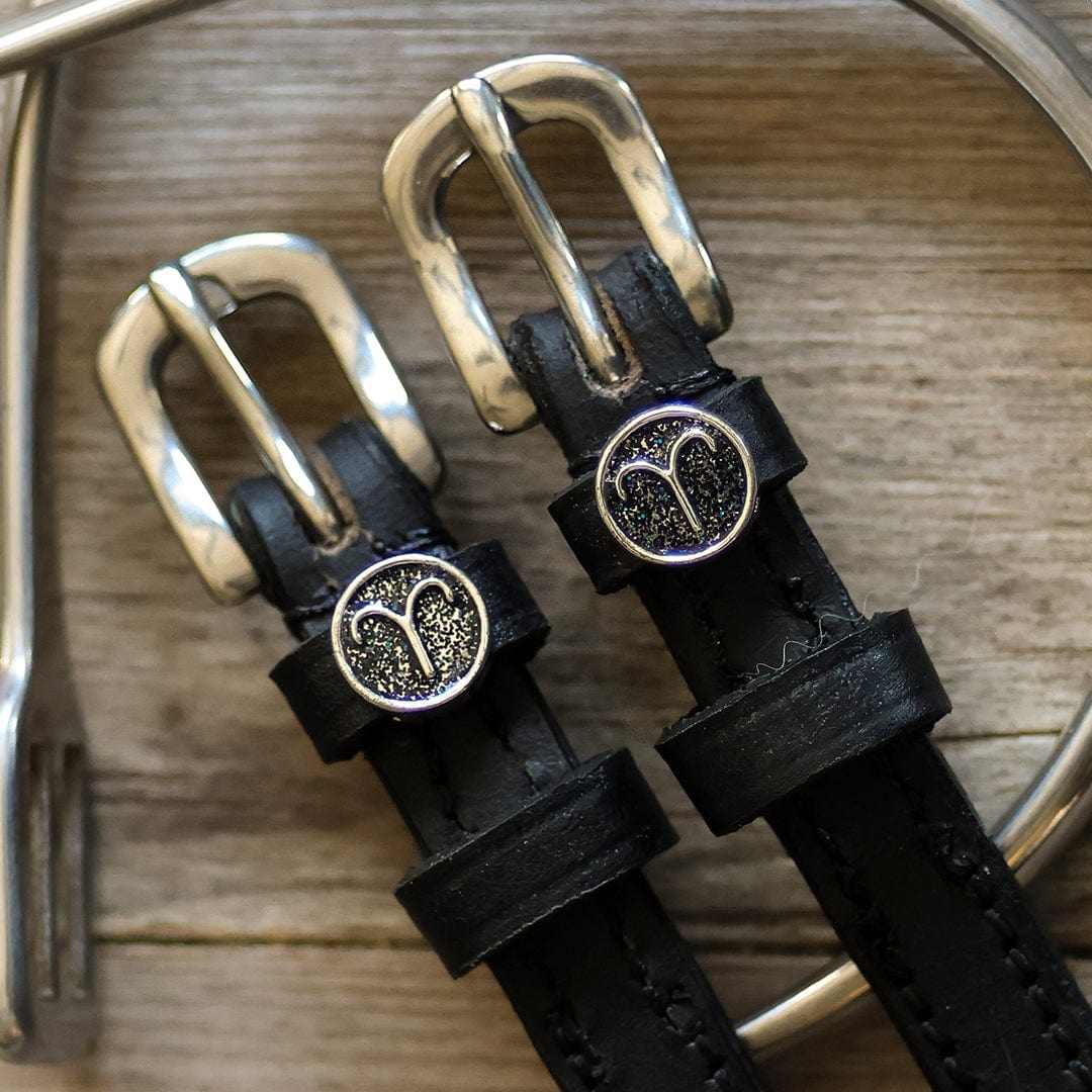 Black leather Aries Spur Straps with stainless steel buckles and custom Aries charm