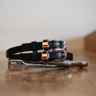Black leather Belgium Flag Spur Straps with stainless steel buckle and custom charm