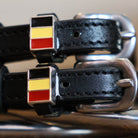 Black leather Belgium flag spur straps with stainless steel buckle and custom charm