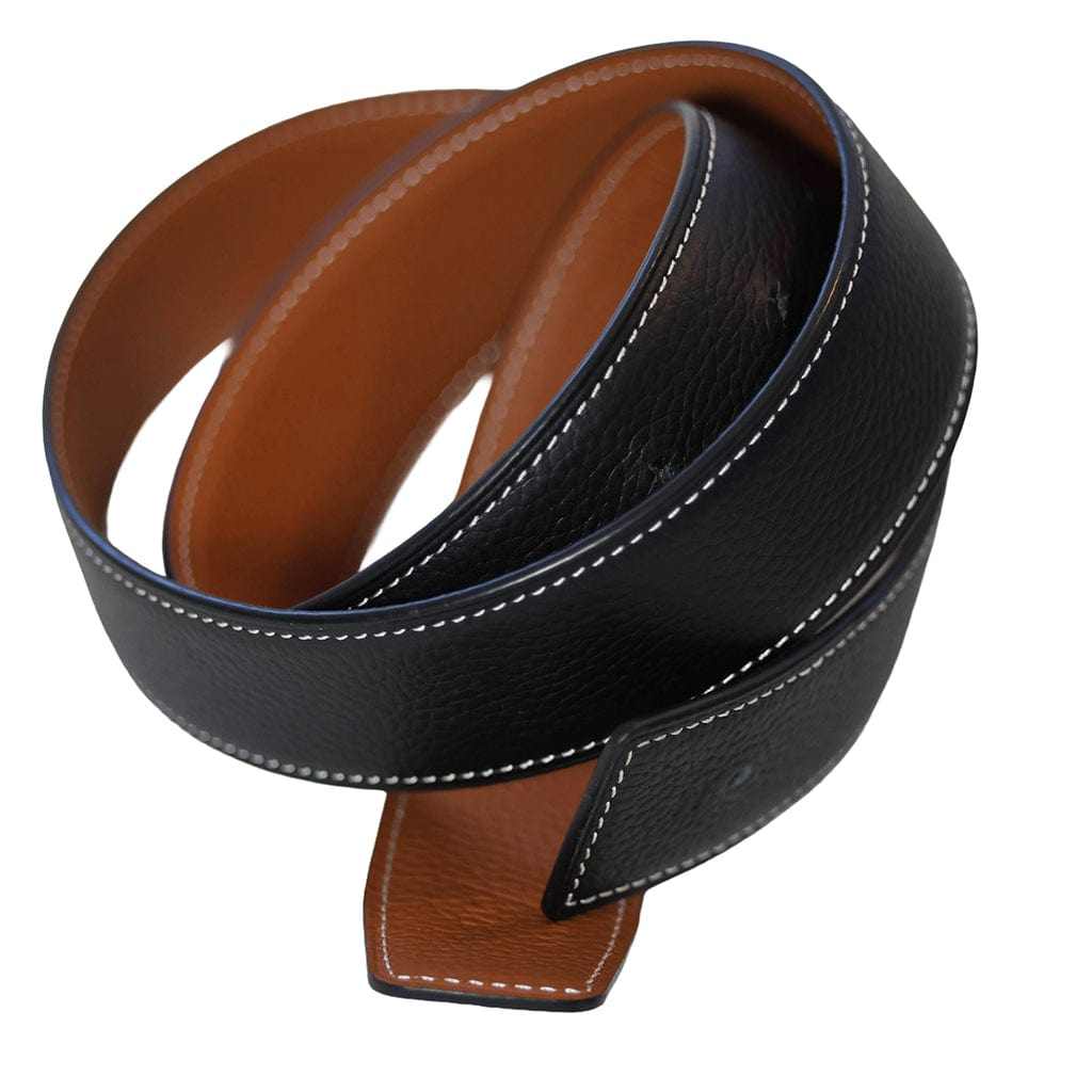 Brown and black reversible leather equestrian belt with white stitching from the Accessories Equestrian Bundle