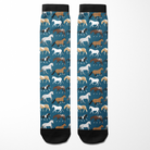 Limited Edition Pony Island Blue Ponies Socks with black cuffs featuring various colored horses on blue background