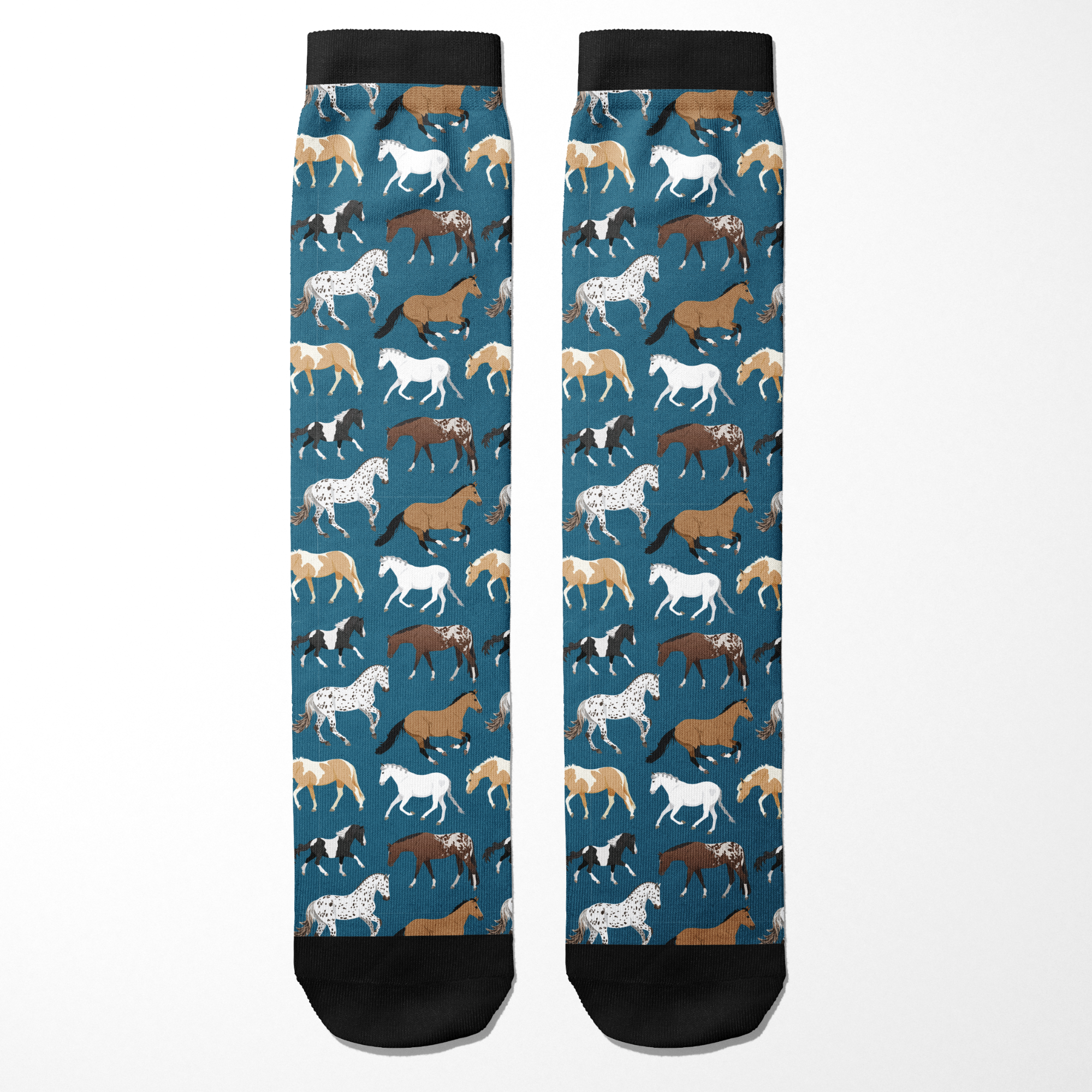 Limited Edition Pony Island Blue Ponies Socks with black cuffs featuring various colored horses on blue background