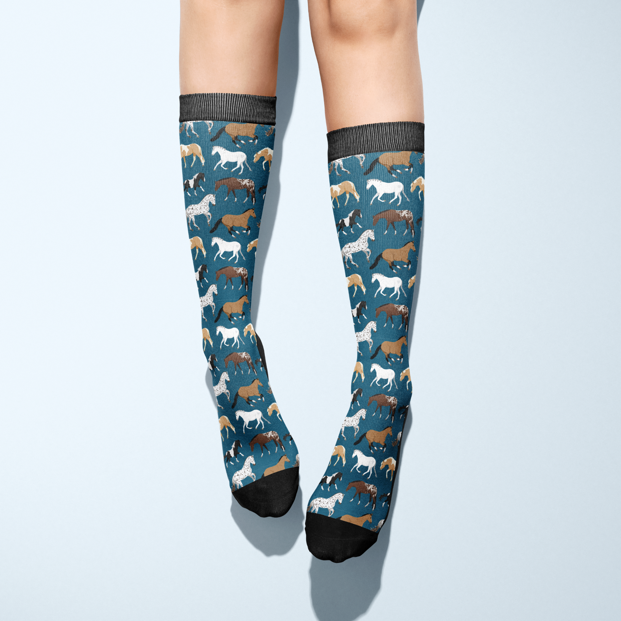 Limited Edition Pony Island blue socks with horse pattern, knee-high, made in USA