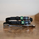 Black leather Brazil Flag Spur Straps with stainless steel buckle and custom charm