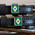 Brazil Flag Spur Straps black leather with stainless steel buckle and custom charm