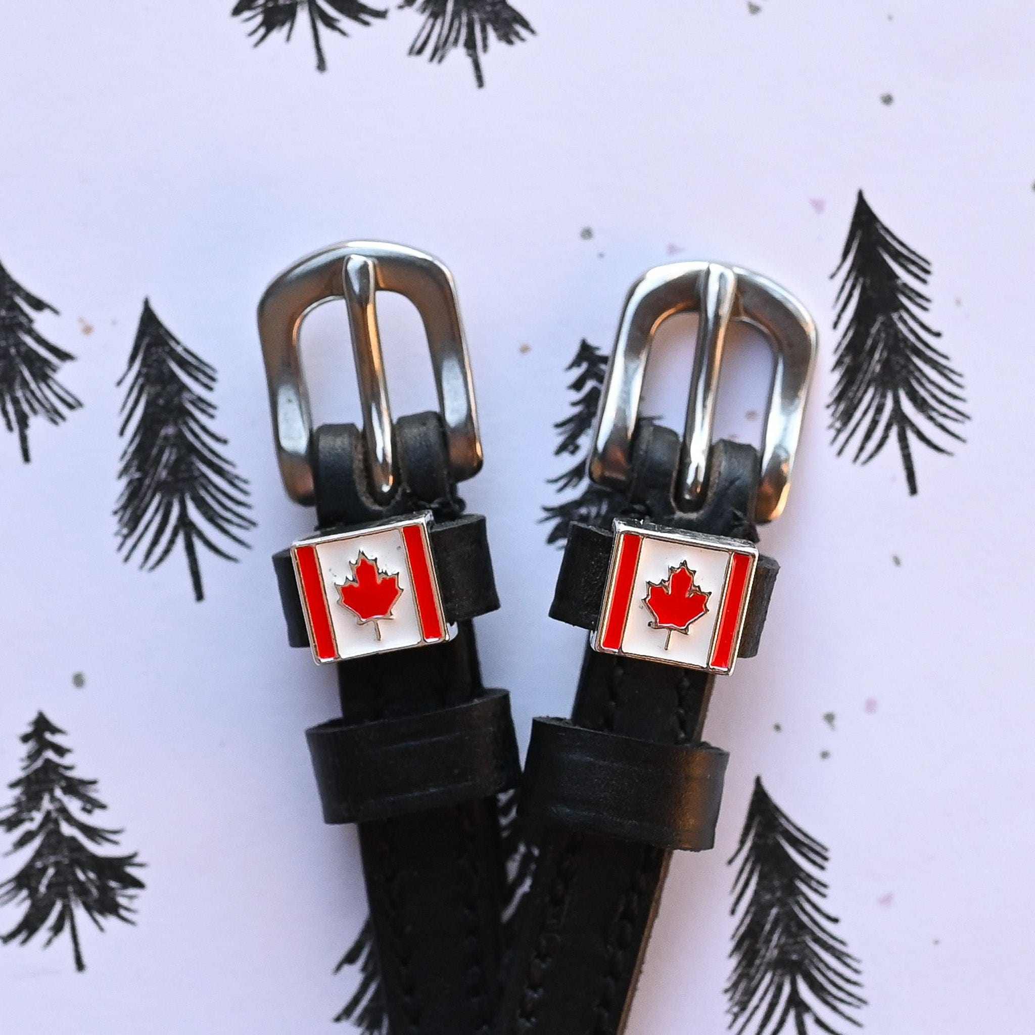 Canadian Flag Spur Straps ManeJane black leather spur straps with non-stretch interior and stainless steel buckle for Engli.