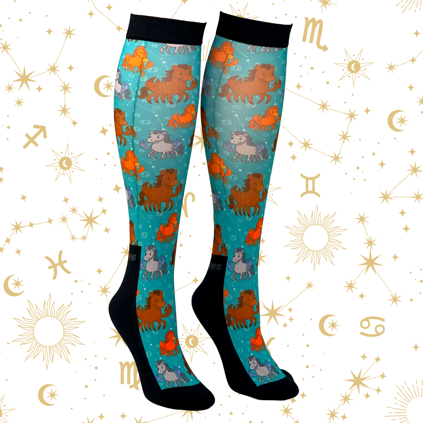 Cancer zodiac themed colorful limited edition boot socks with horse patterns
