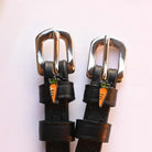 Carrot Spur Straps ManeJane black leather spur straps with non-stretch interior and stainless steel buckle for English ridi.