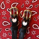 Chicken Spur Straps ManeJane black leather spur straps with non-stretch interior and stainless steel buckle for English rid.