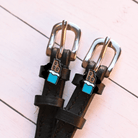 Chocolate Bar Spur Straps ManeJane black leather spur straps with non-stretch interior and stainless steel buckle for Engli.