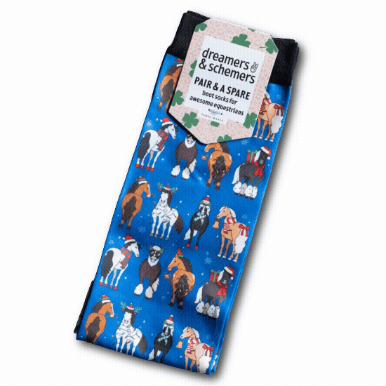 Youth riding boot socks with colorful horse pattern and festive design