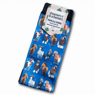 Holiday-themed blue boot socks with horse and Santa hat design, flat seam toe, terry foot bottom, and black stretchy top, includes free spare sock