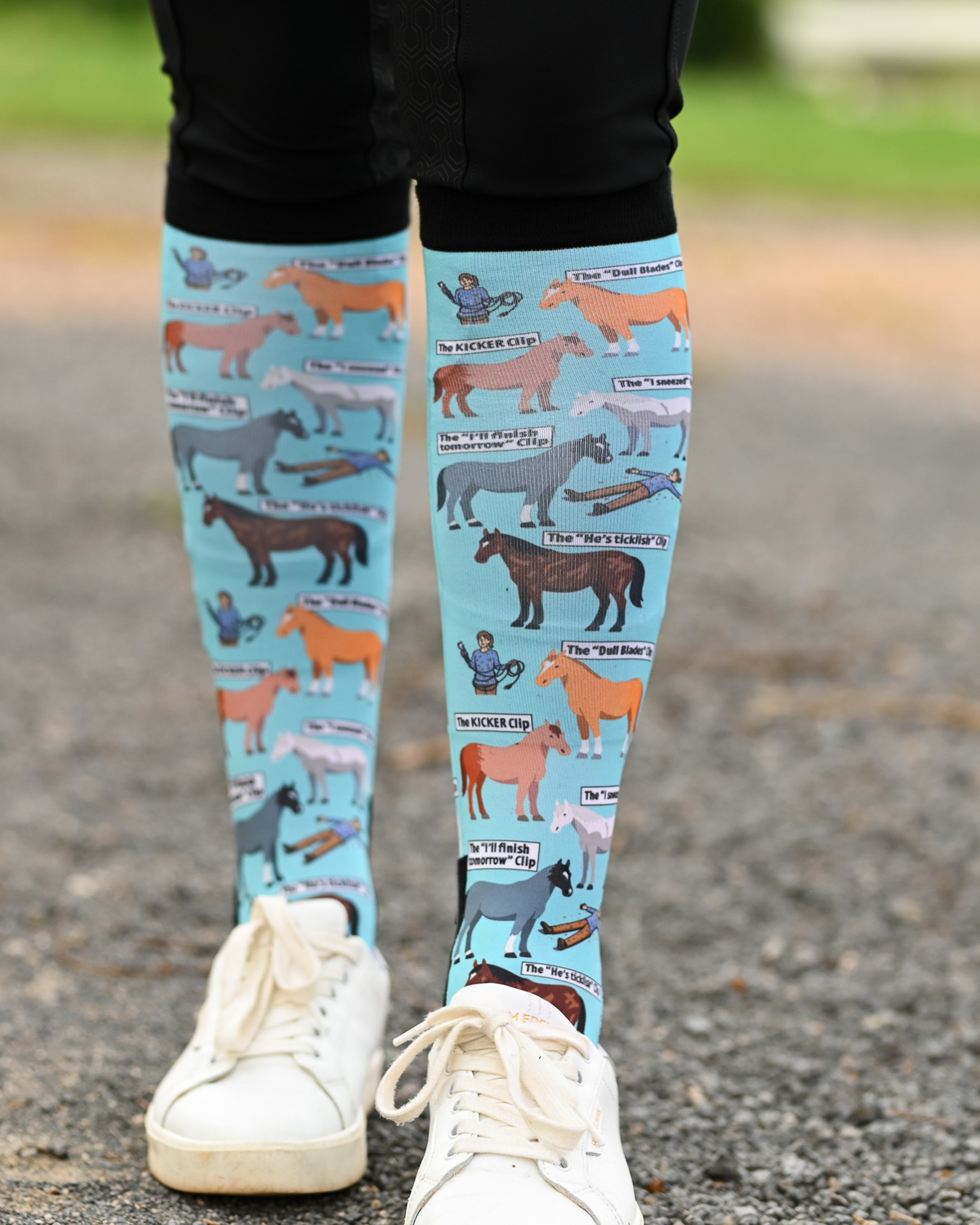 Clipart Pair & a Spare boot socks worn on the calf, pale aqua with horses captioned with every clipping fail