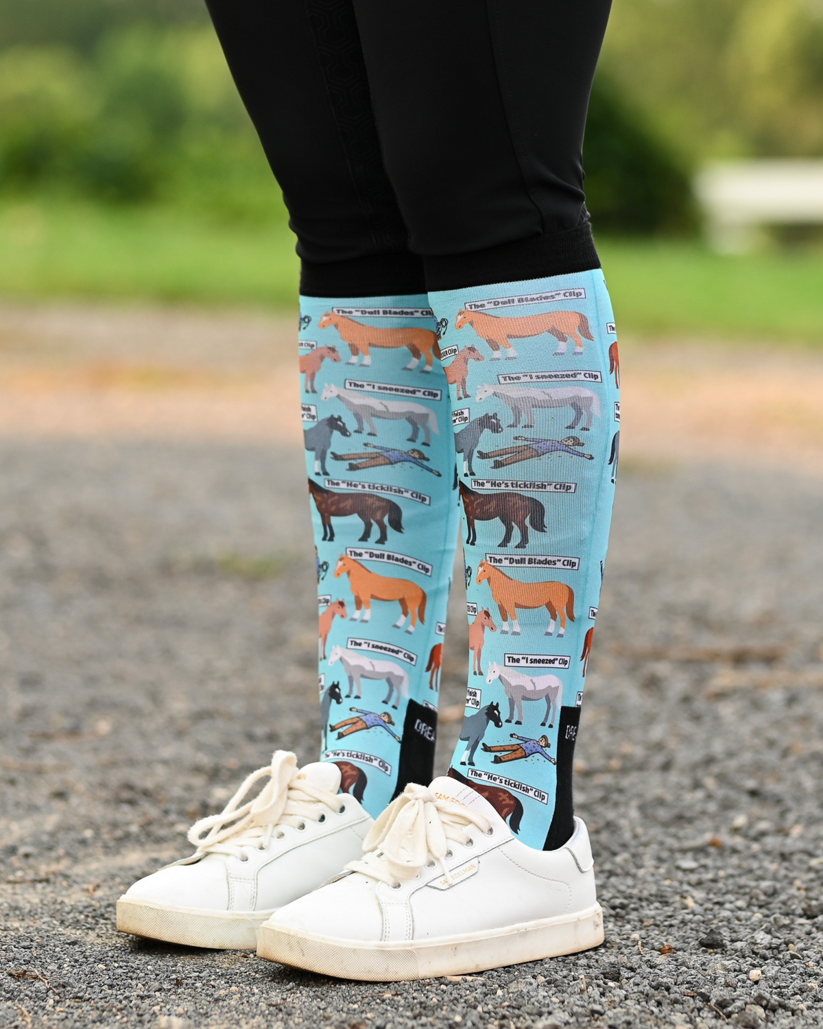 Clipart riding boot socks styled over breeches, pale aqua with horses captioned with every clipping fail