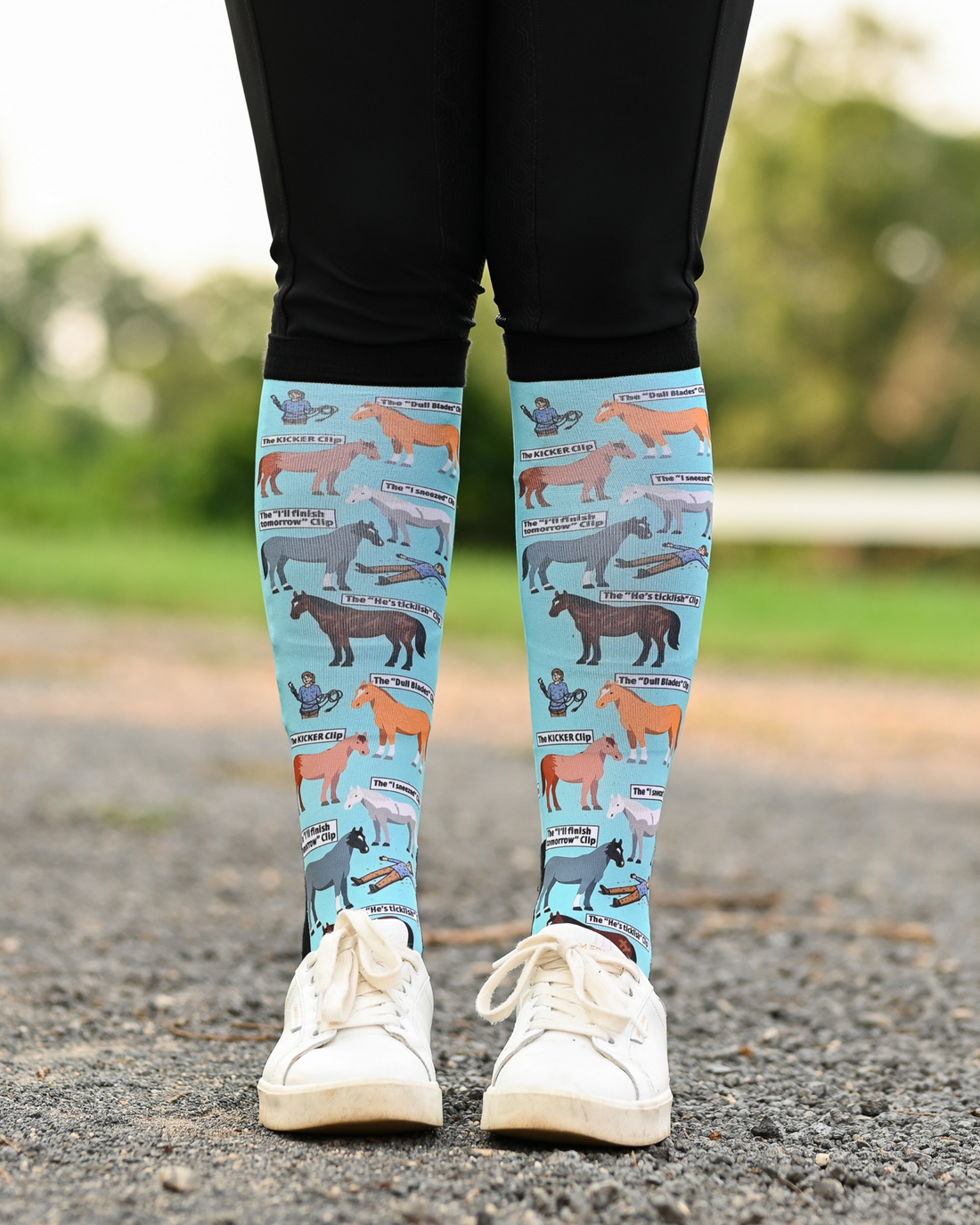 Clipart equestrian boot socks worn at the barn, pale aqua with horses captioned with every clipping fail