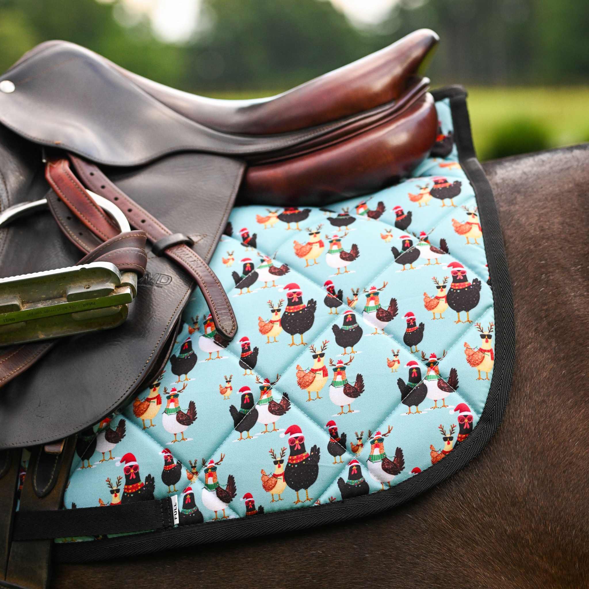 Cluck-Mas all-purpose saddle pad, showing the full pattern layout, by Dreamers & Schemers