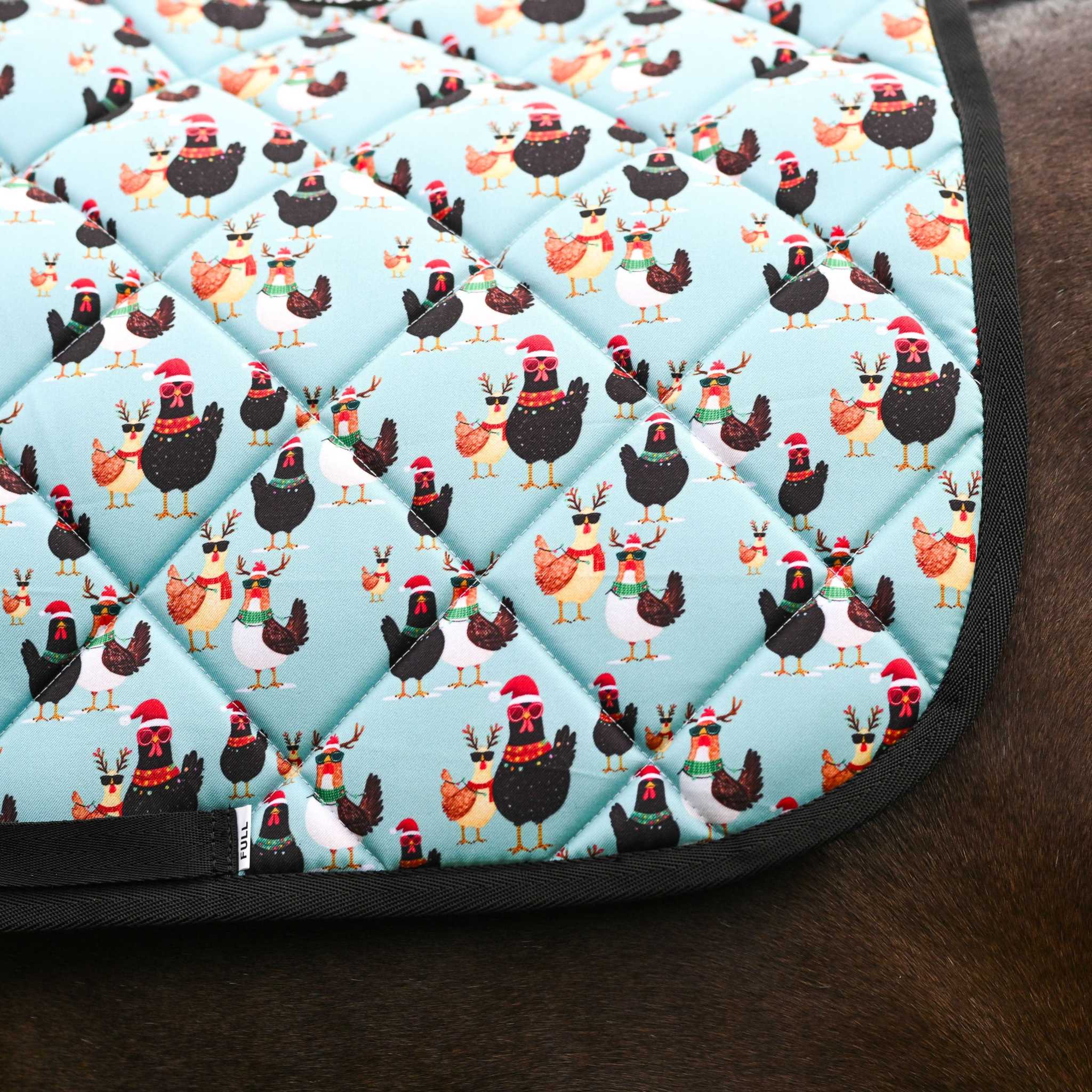 Cluck-Mas all-purpose saddle pad featuring christmas chicken holiday, alternate angle, by Dreamers & Schemers