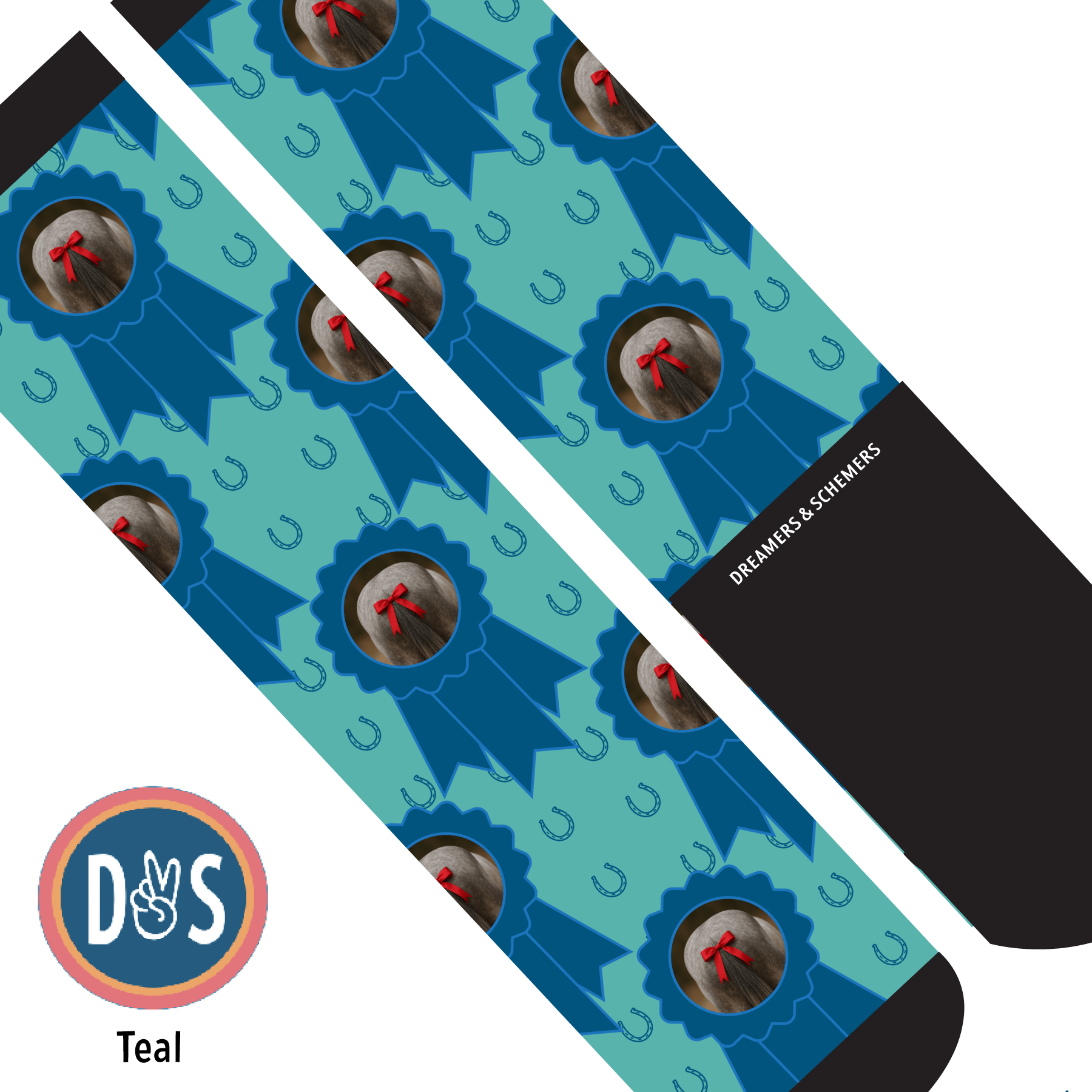 Custom AL Custom Socks Adult / Teal Custom Blue Ribbon with Blue Horseshoes Socks 1 Photo equestrian boot socks boot socks thin socks riding socks pattern socks tall socks funny socks knee high socks horse socks horse show socks