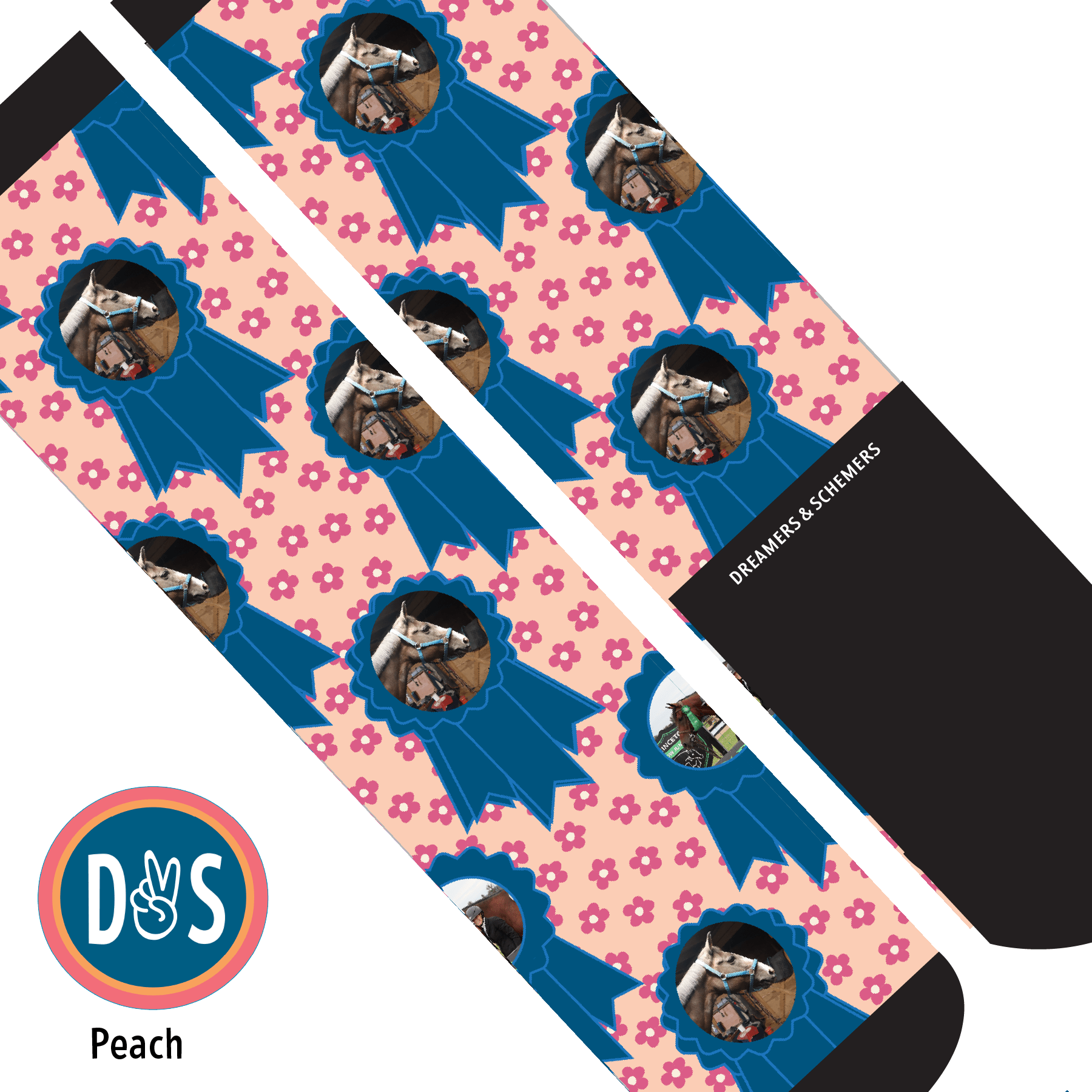 Custom AL Custom Socks Adult / Peach Custom Blue Ribbon with Pinky Petals Socks 1 Photo equestrian boot socks boot socks thin socks riding socks pattern socks tall socks funny socks knee high socks horse socks horse show socks