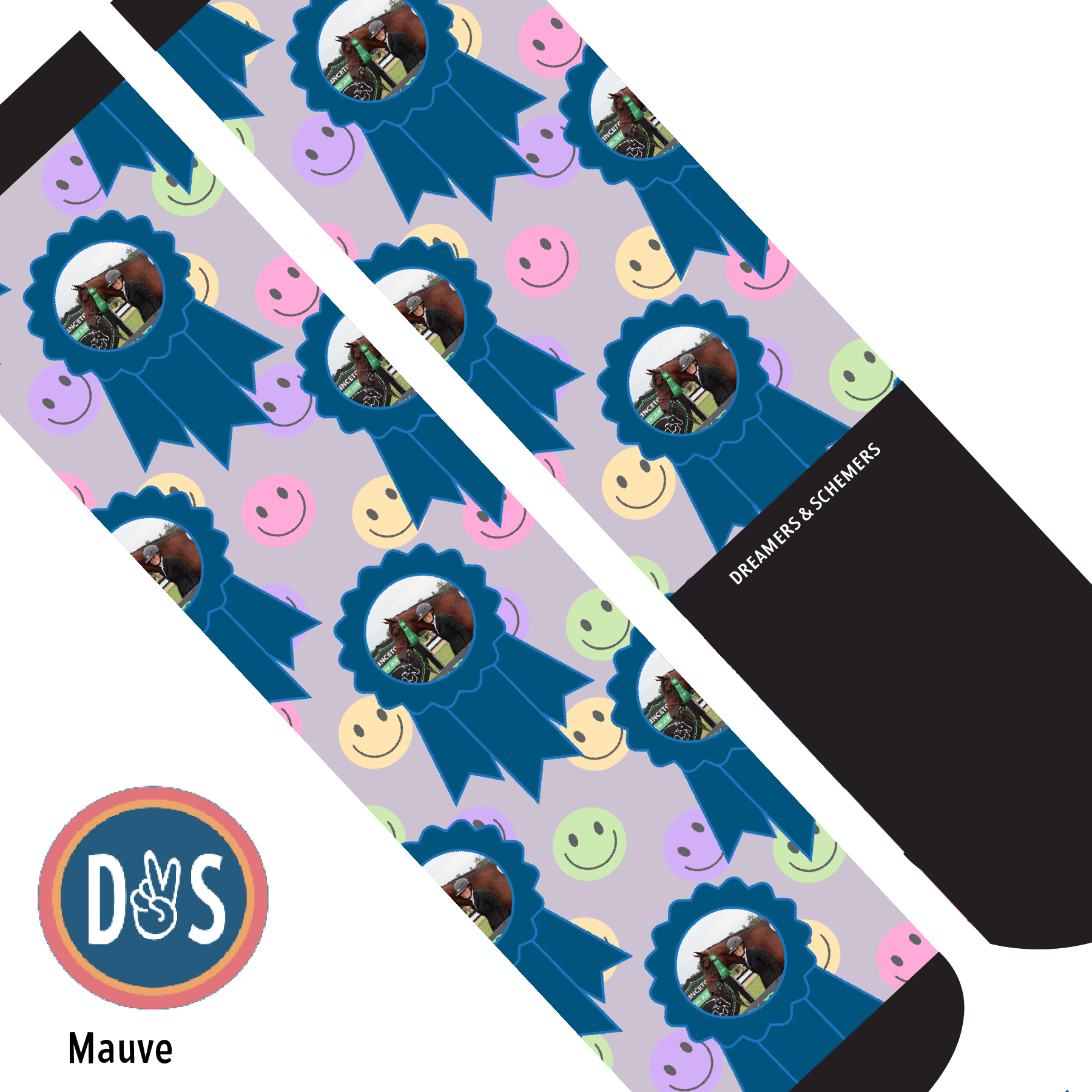 Custom AL Custom Socks Adult / Mauve Custom Blue Ribbon with Smiley Vibes Socks 1 Photo equestrian boot socks boot socks thin socks riding socks pattern socks tall socks funny socks knee high socks horse socks horse show socks