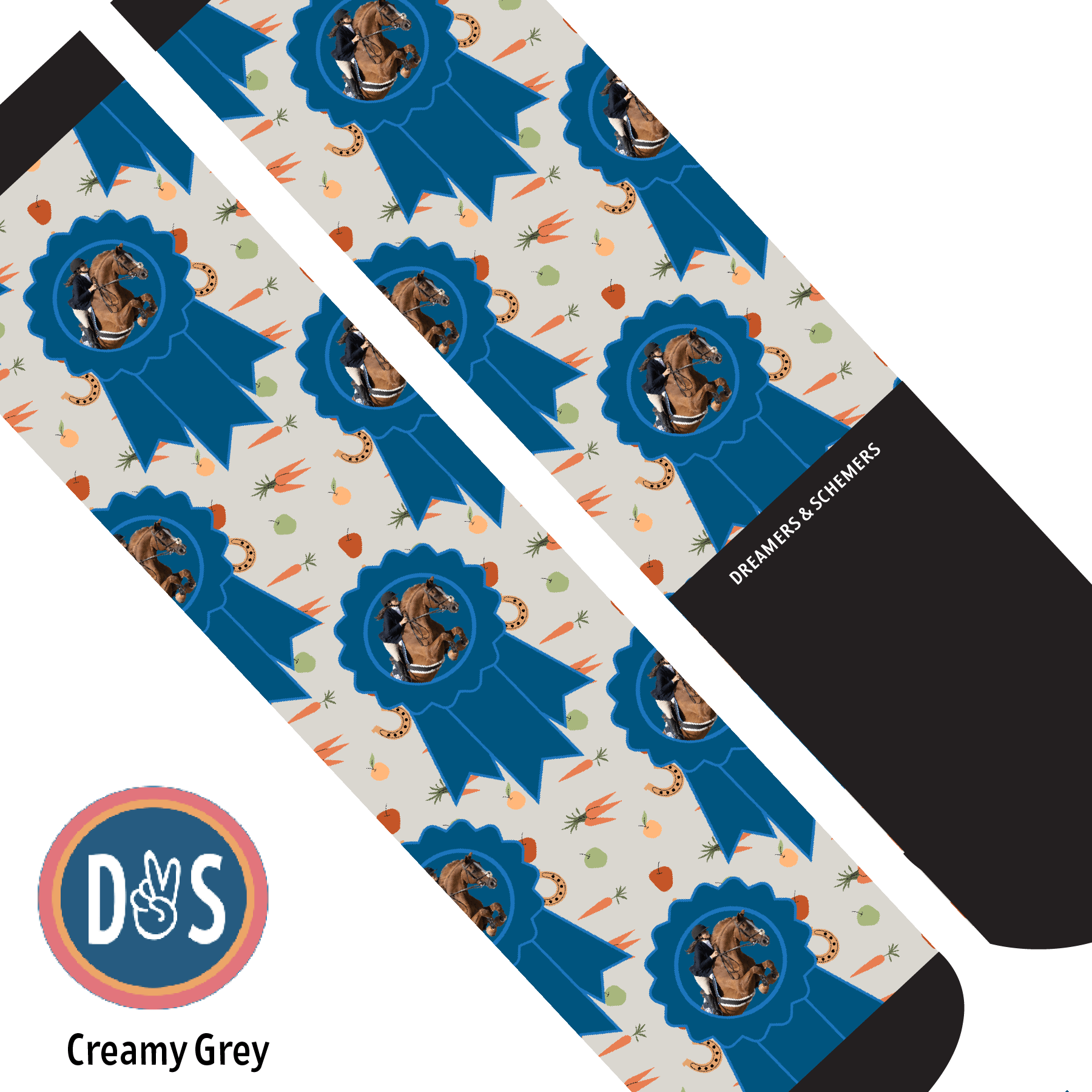 Custom AL Custom Socks Adult / Creamy Grey Custom Blue Ribbon with Stable Snackies Socks 1 Photo equestrian boot socks boot socks thin socks riding socks pattern socks tall socks funny socks knee high socks horse socks horse show socks