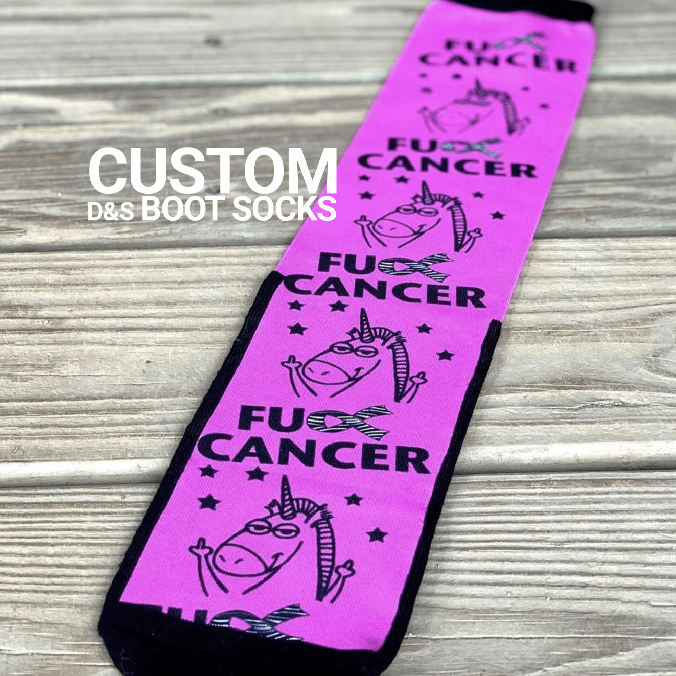 Custom D&S Socks purple boot socks with unicorn and cancer awareness design on wooden background