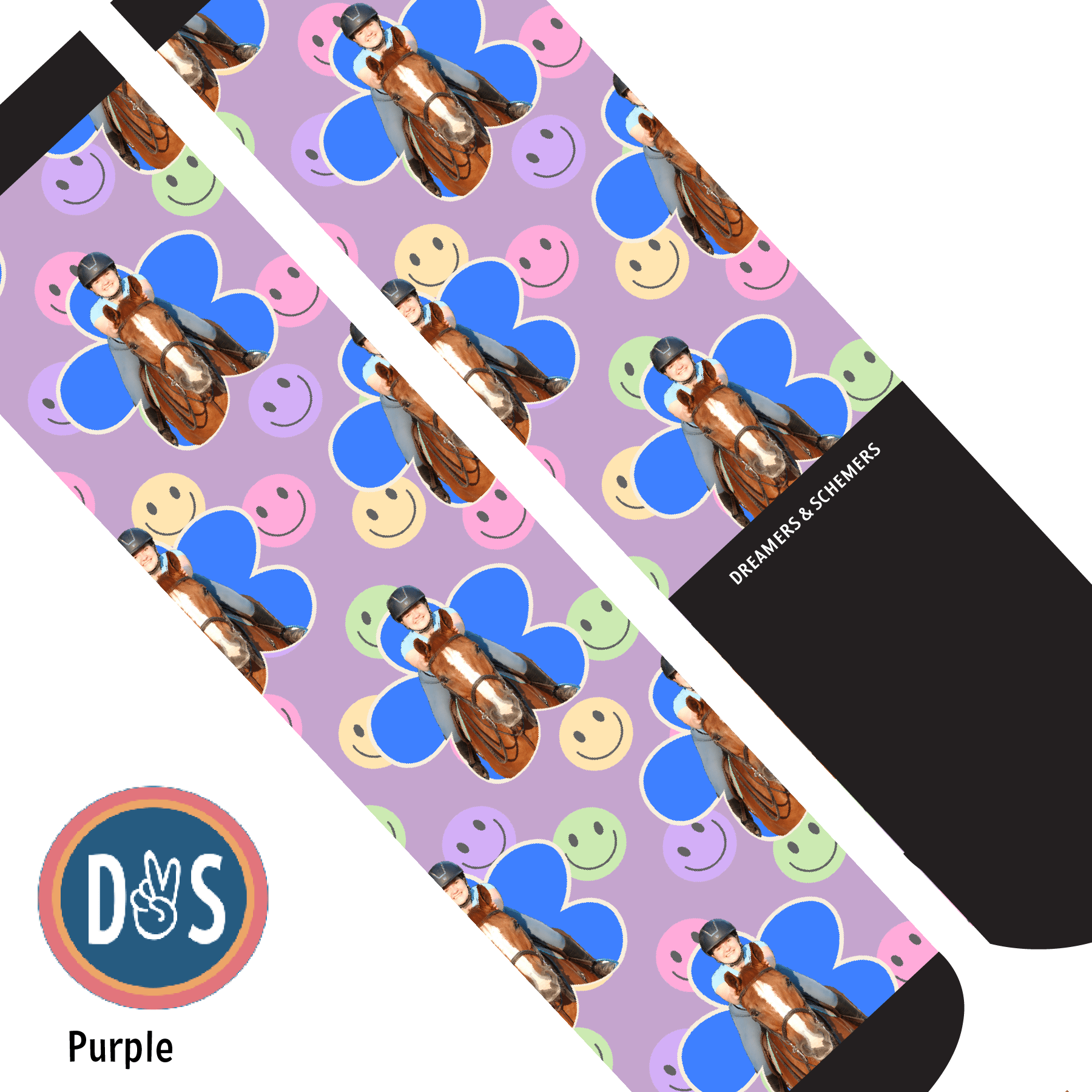 Custom AL Custom Socks Adult / Purple Custom Flower with Smiley Vibes Socks 1 Photo equestrian boot socks boot socks thin socks riding socks pattern socks tall socks funny socks knee high socks horse socks horse show socks