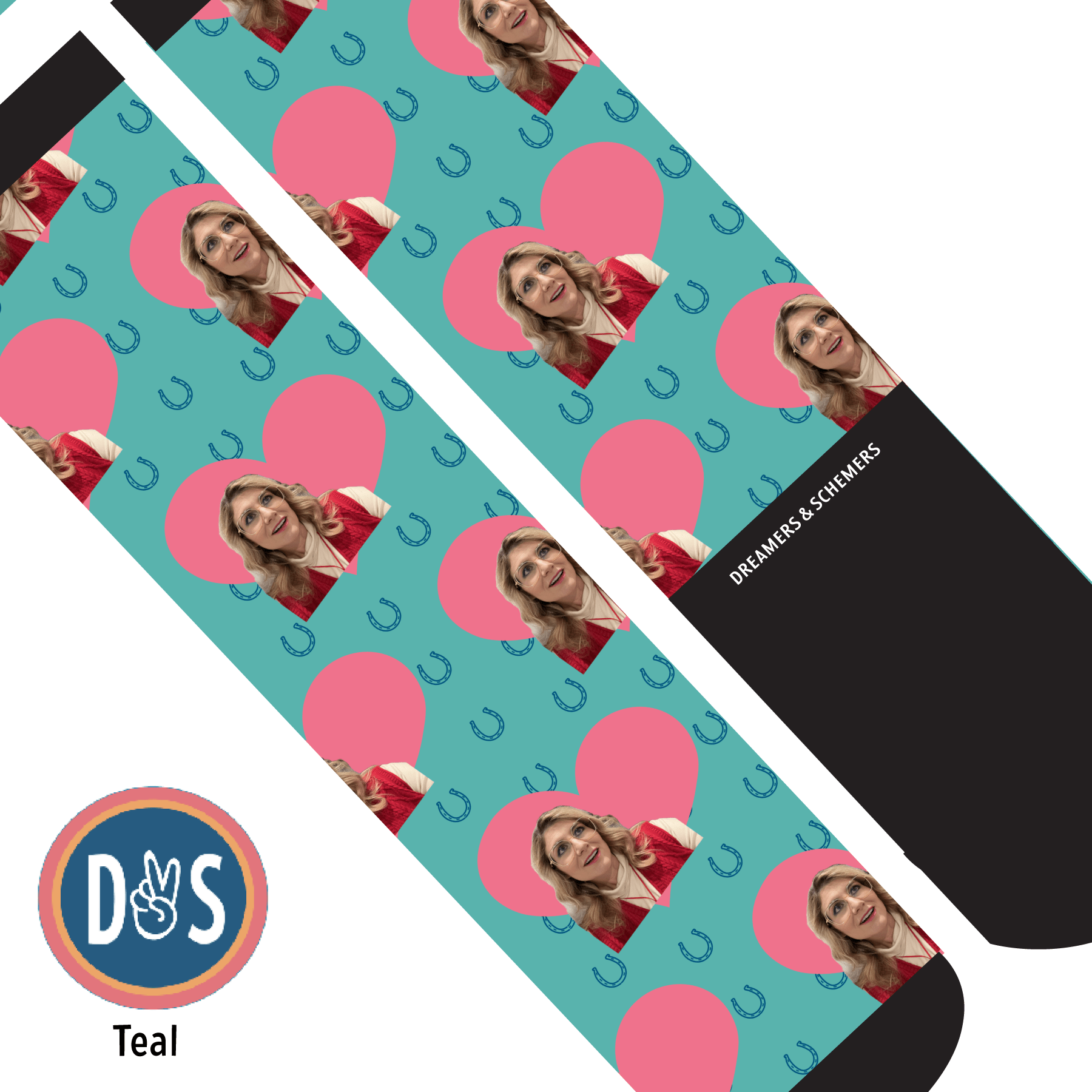 Custom AL Custom Socks Adult / Teal Custom Heart with Blue Horseshoes Socks 1 Photo equestrian boot socks boot socks thin socks riding socks pattern socks tall socks funny socks knee high socks horse socks horse show socks