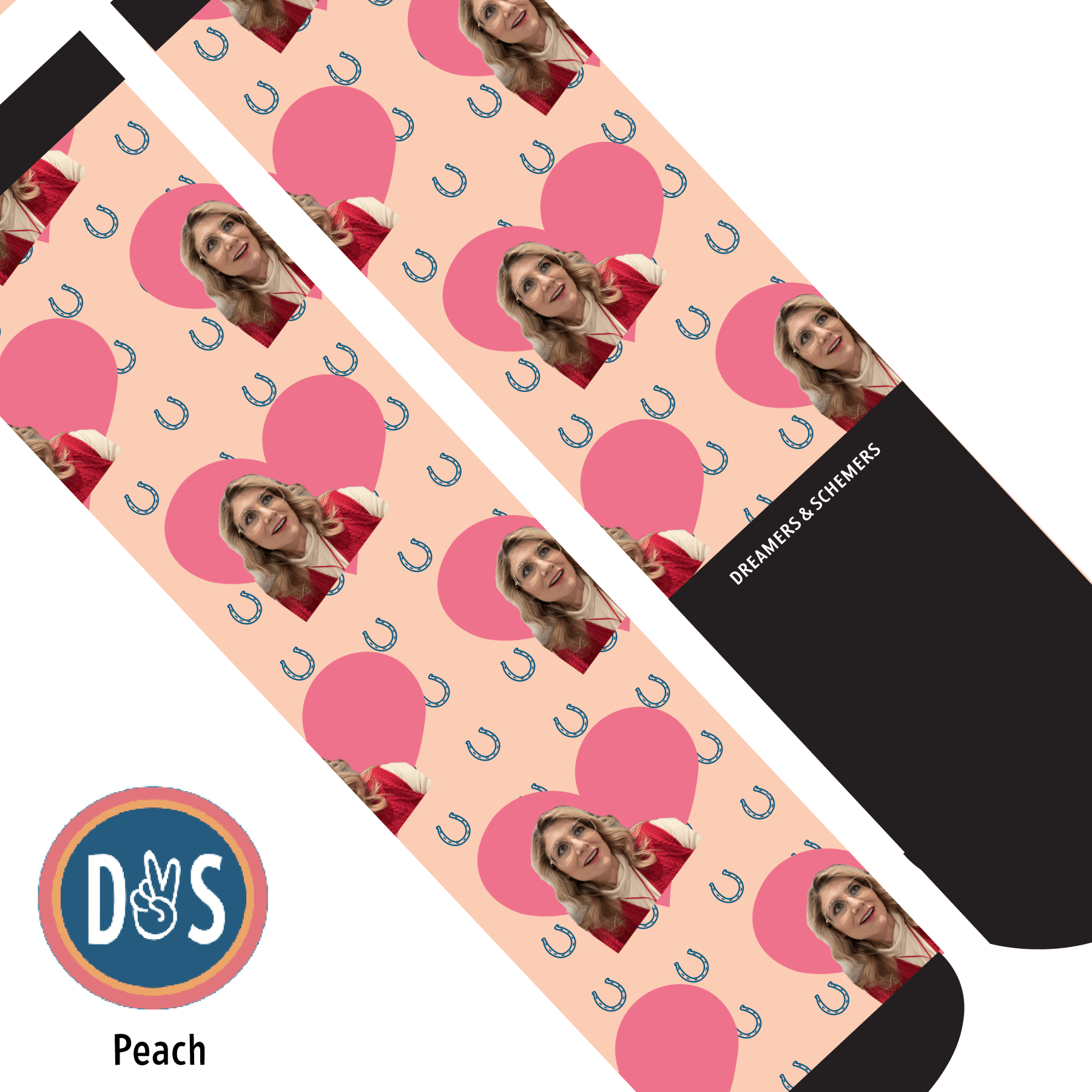 Custom AL Custom Socks Adult / Peach Custom Heart with Blue Horseshoes Socks 1 Photo equestrian boot socks boot socks thin socks riding socks pattern socks tall socks funny socks knee high socks horse socks horse show socks
