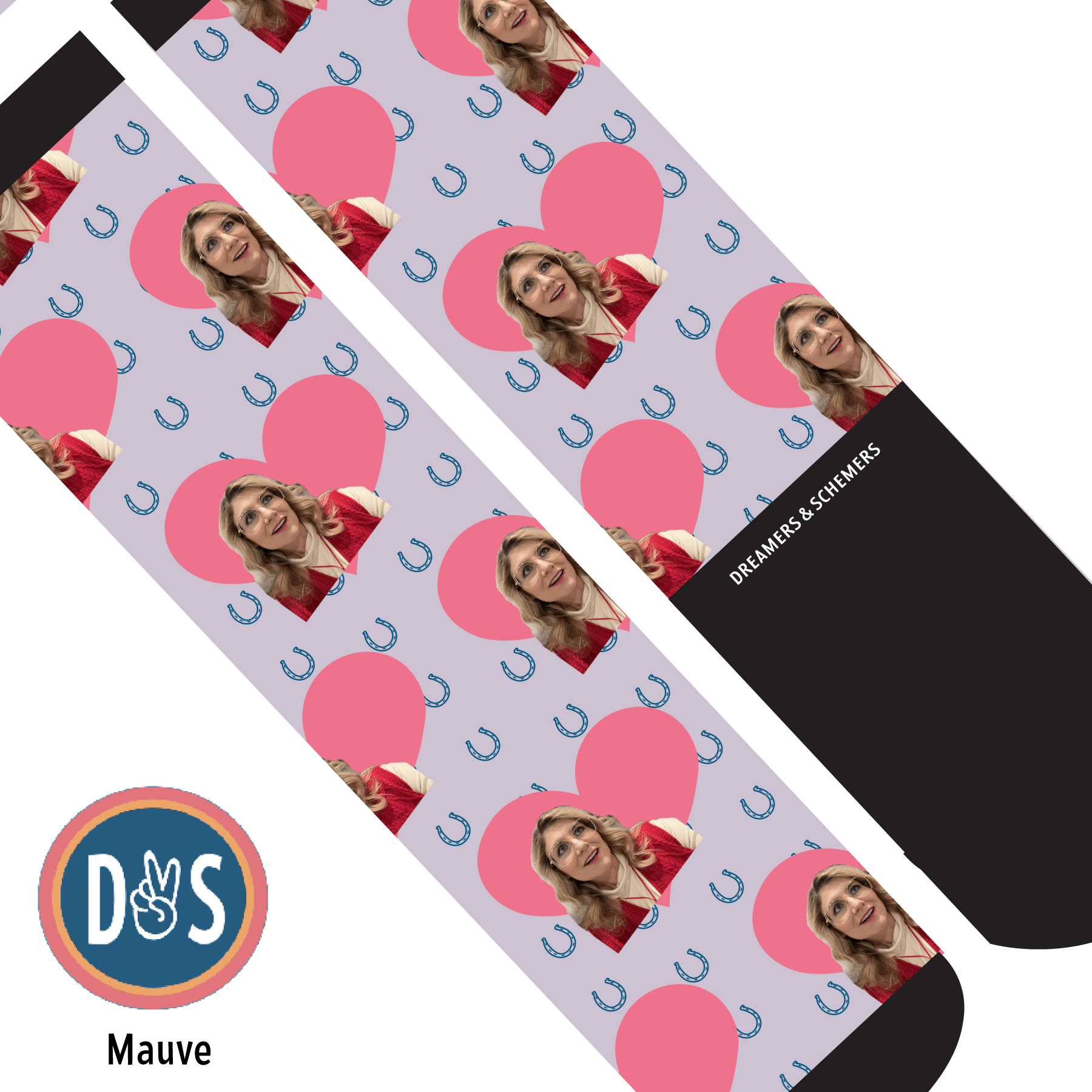 Custom AL Custom Socks Adult / Mauve Custom Heart with Blue Horseshoes Socks 1 Photo equestrian boot socks boot socks thin socks riding socks pattern socks tall socks funny socks knee high socks horse socks horse show socks