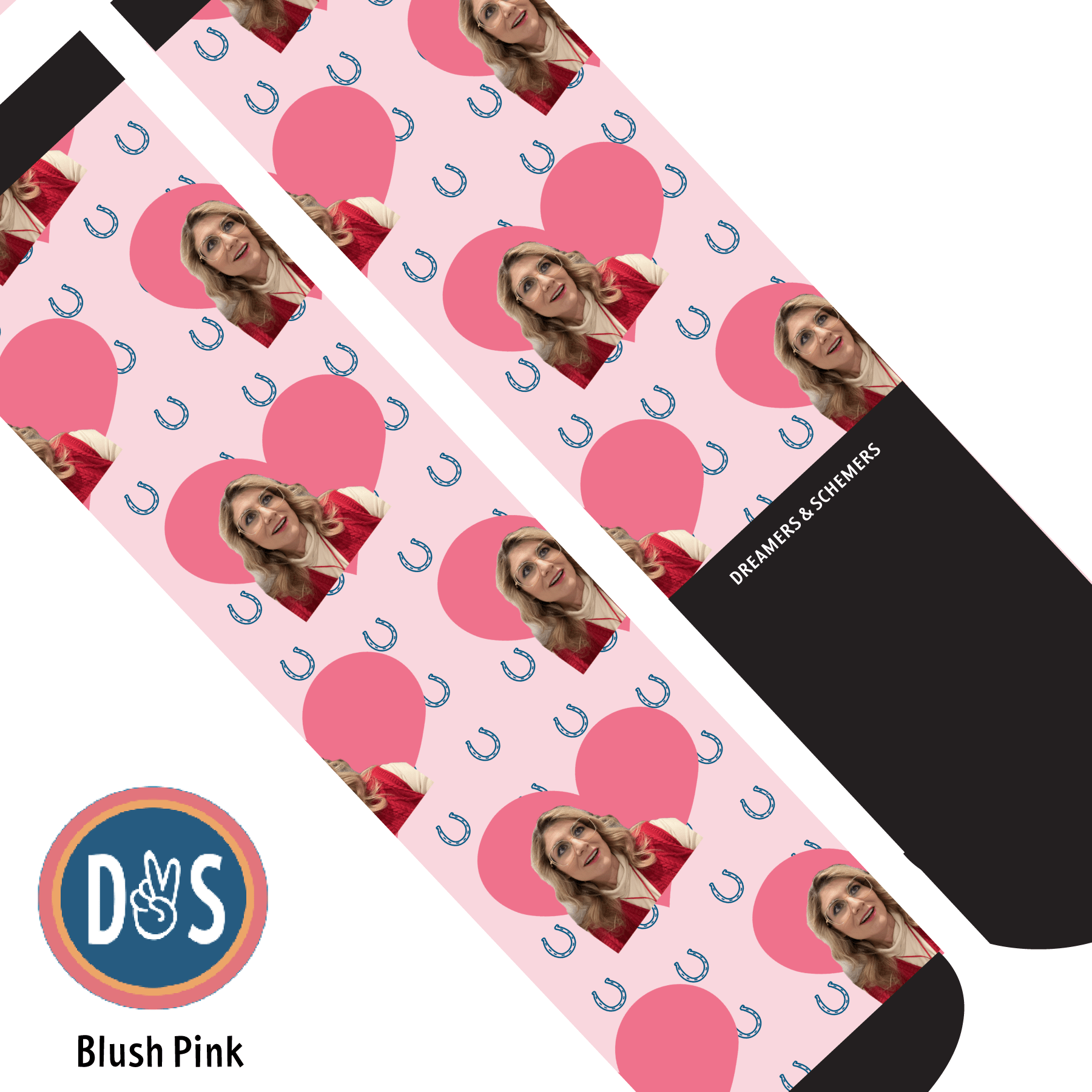 Custom AL Custom Socks Adult / Blush Pink Custom Heart with Blue Horseshoes Socks 1 Photo equestrian boot socks boot socks thin socks riding socks pattern socks tall socks funny socks knee high socks horse socks horse show socks