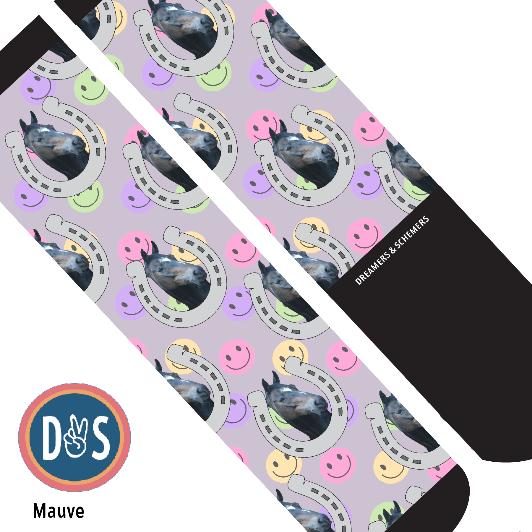 Custom AL Custom Socks Adult / Mauve Custom Horseshoe with Smiley Vibes Socks 1 Photo equestrian boot socks boot socks thin socks riding socks pattern socks tall socks funny socks knee high socks horse socks horse show socks
